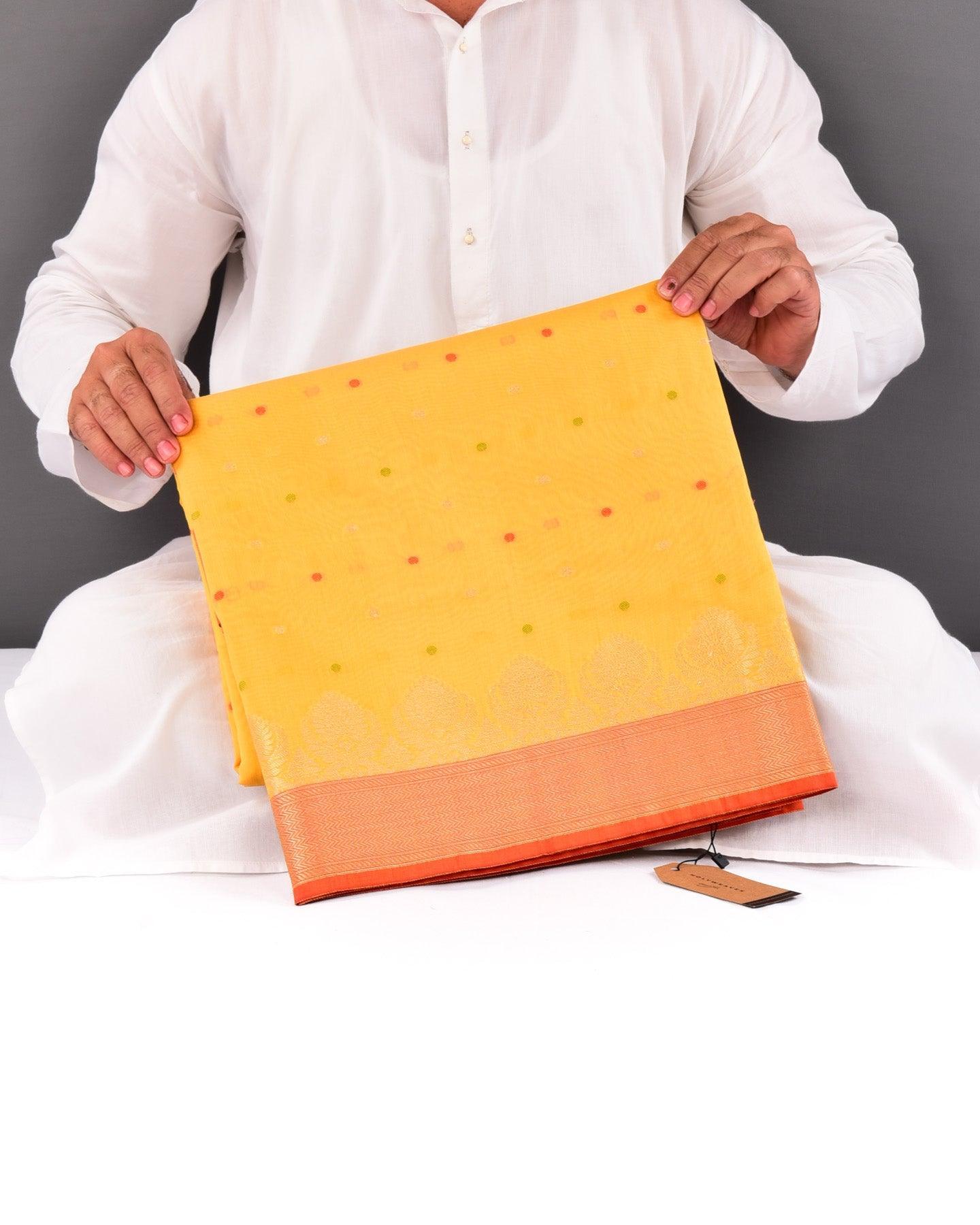 Yellow Banarasi Resham Polka Buti Cutwork Brocade Woven Cotton Silk Saree - By HolyWeaves, Benares