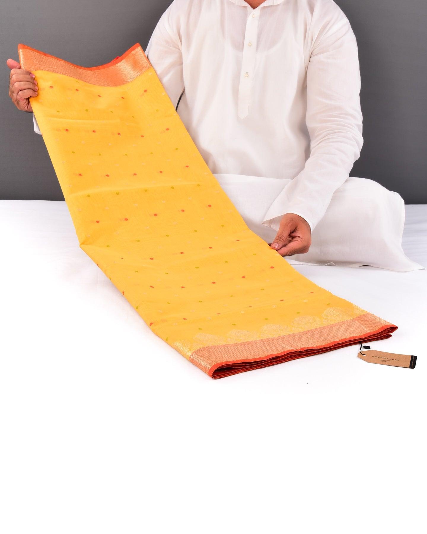 Yellow Banarasi Resham Polka Buti Cutwork Brocade Woven Cotton Silk Saree - By HolyWeaves, Benares