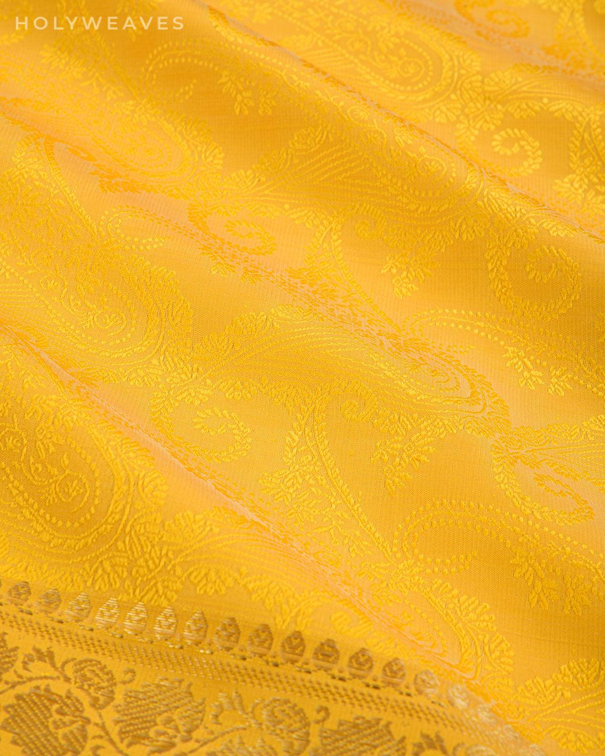 Yellow Banarasi Resham Tanchoi Woven Art Silk Saree with Brocade Border - By HolyWeaves, Benares