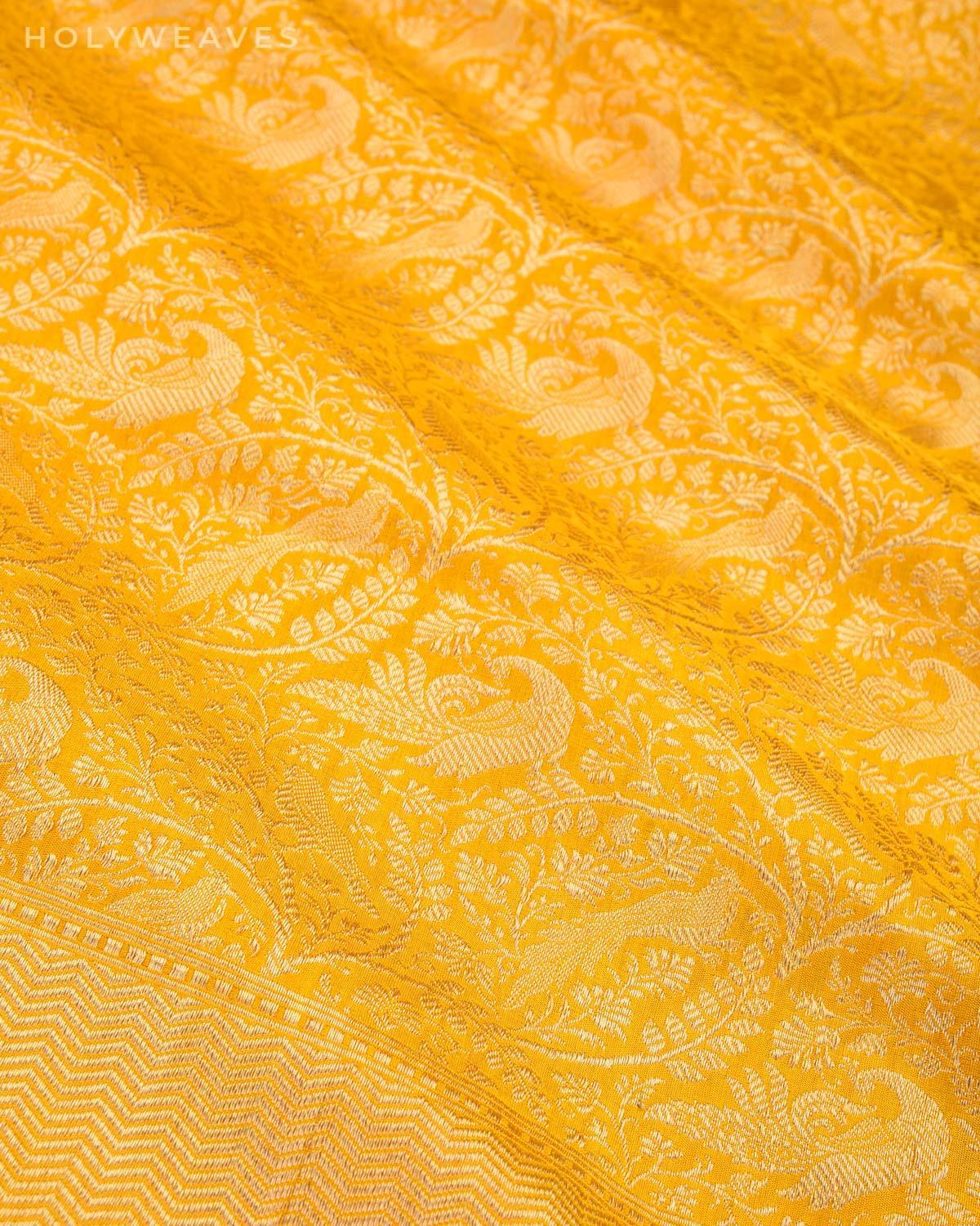 Yellow Banarasi Shikargah Brocade Handwoven Katan Silk Saree - By HolyWeaves, Benares