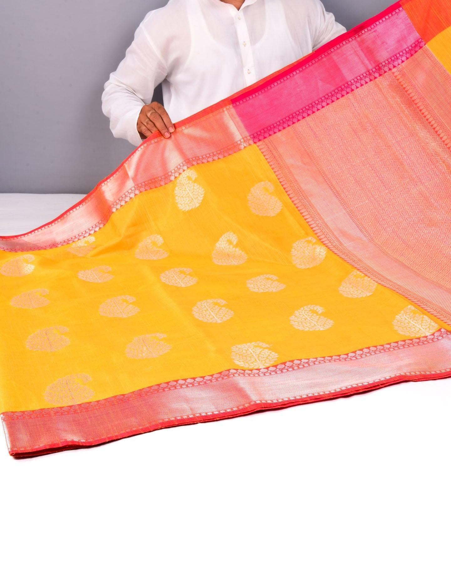 Yellow Banarasi Silver Paisley Buta Cutwork Brocade Woven Art Cotton Silk Saree - By HolyWeaves, Benares