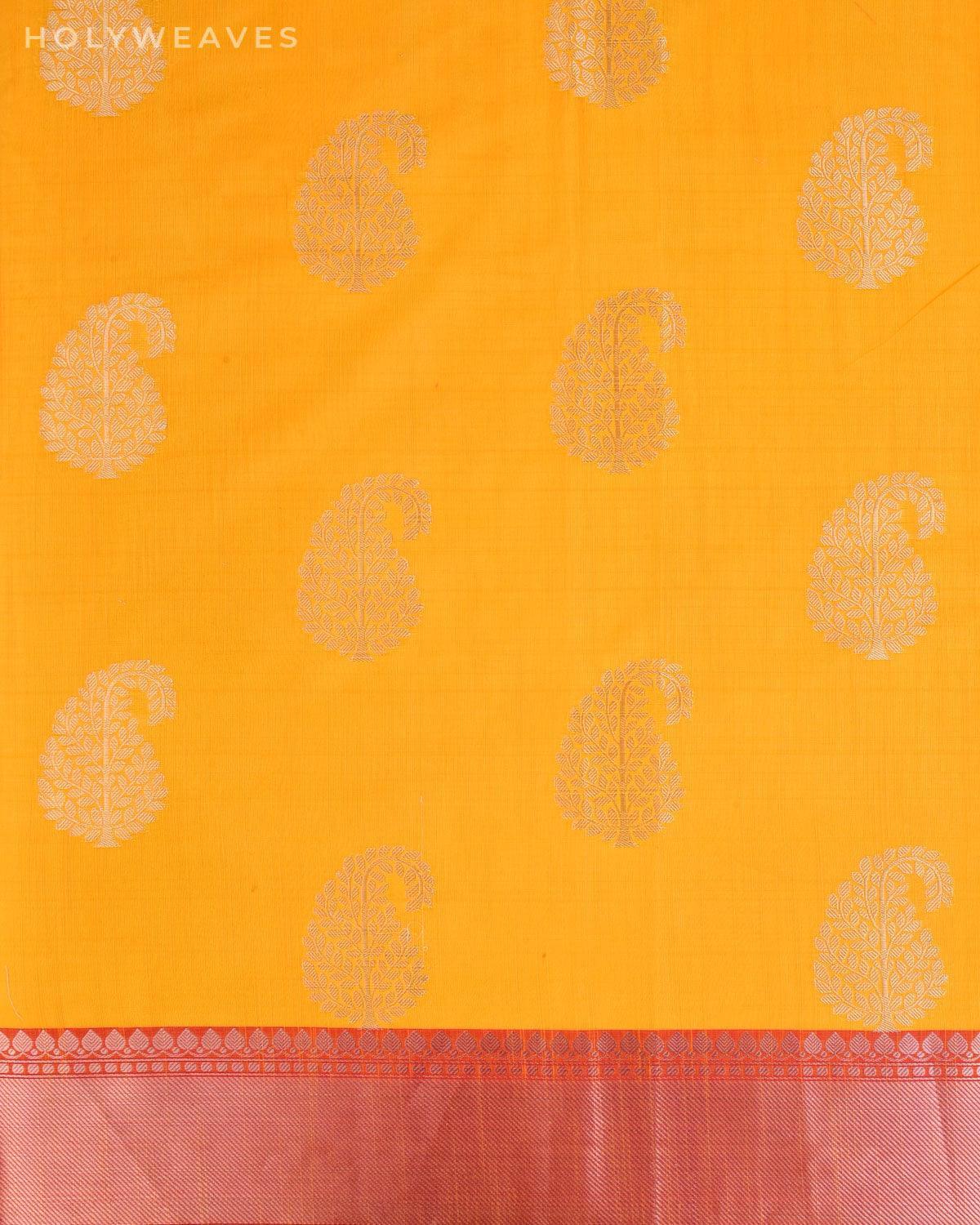 Yellow Banarasi Silver Paisley Buta Cutwork Brocade Woven Art Cotton Silk Saree - By HolyWeaves, Benares