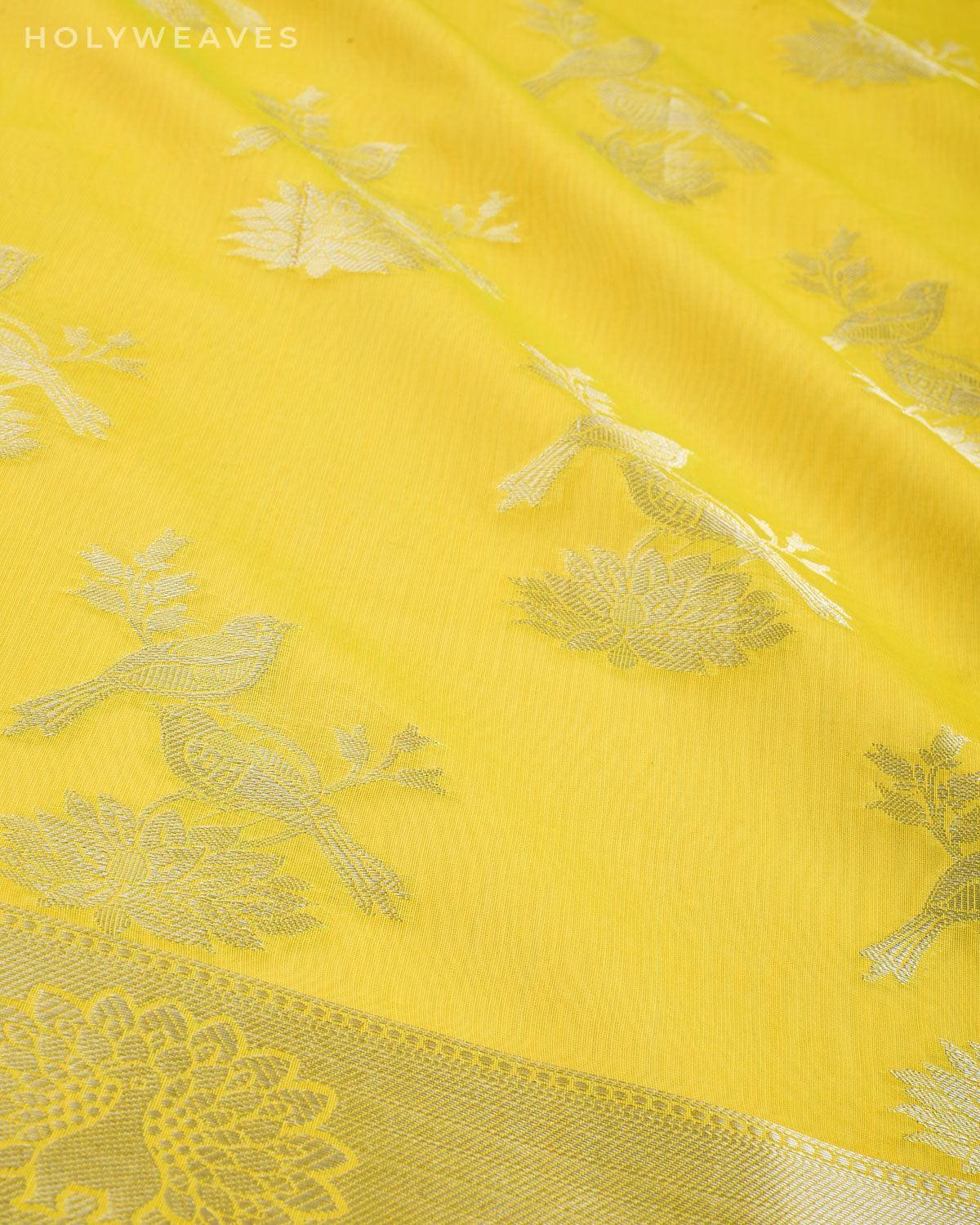 Yellow Banarasi Silver Zari Lovebirds Cutwork Brocade Woven Art Cotton Silk Saree - By HolyWeaves, Benares