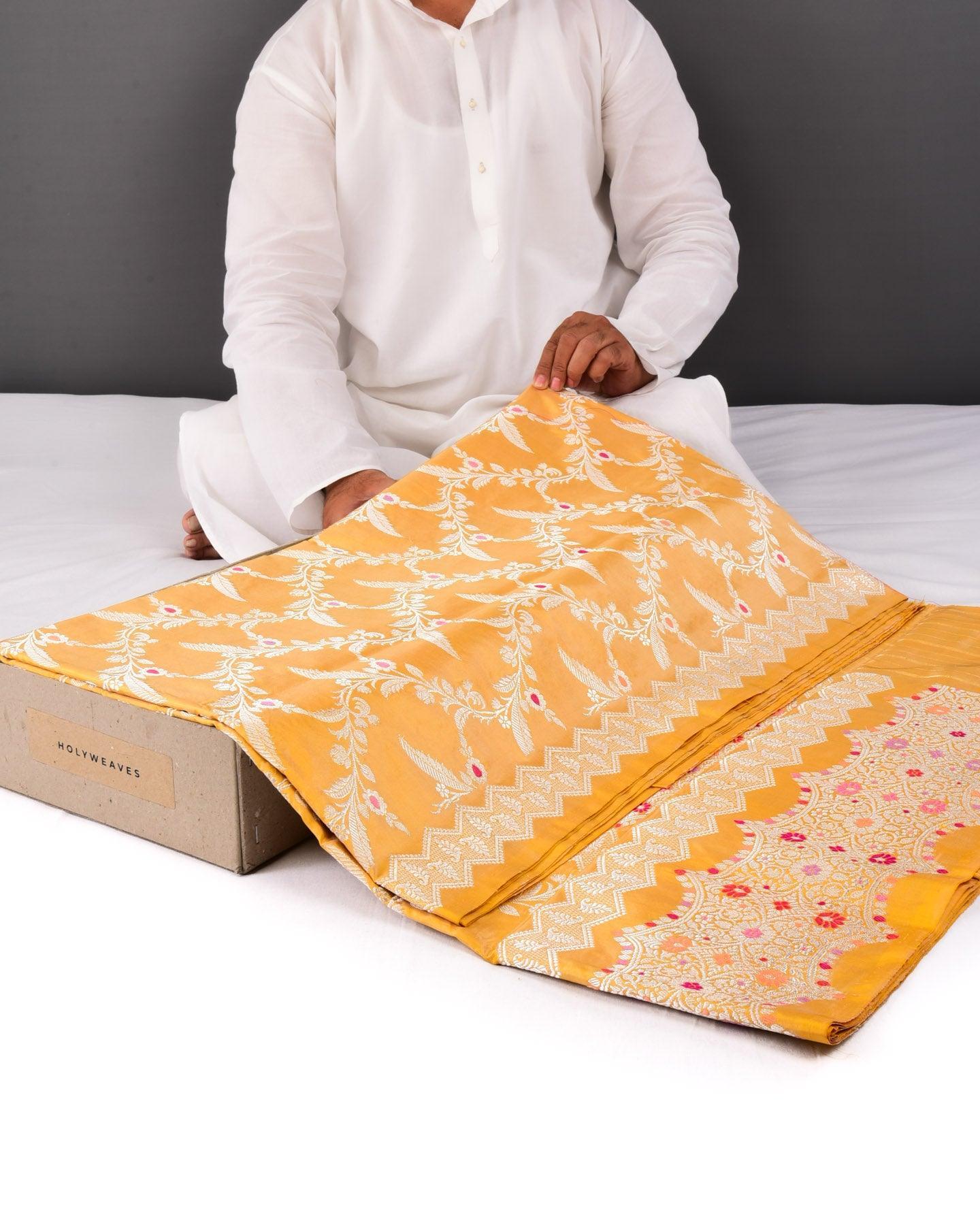 Yellow Banarasi Silver Zari Meena Jaal All-Over Kadhuan Brocade Handwoven Katan Silk Saree - By HolyWeaves, Benares