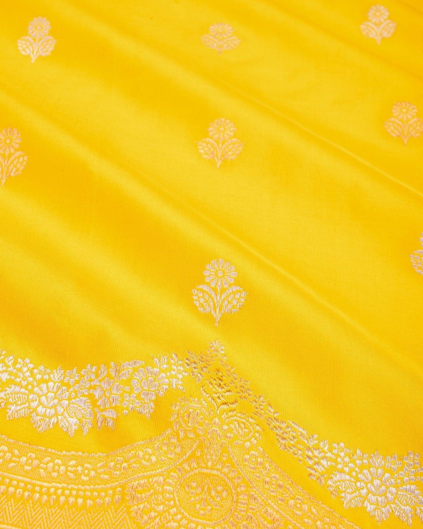 Yellow Banarasi Sona-Rupa Zari Buti Kadhuan Brocade Handwoven Katan Silk Saree with Scallop Border - By HolyWeaves, Benares