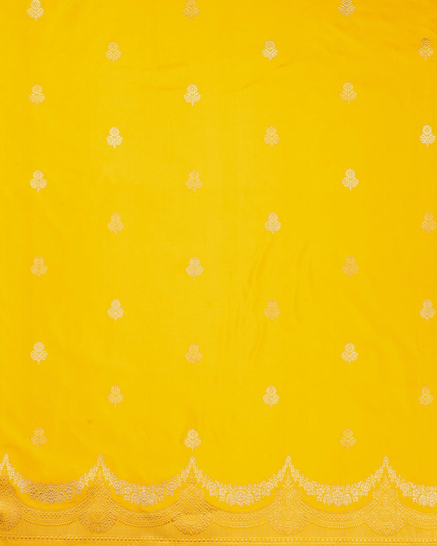 Yellow Banarasi Sona-Rupa Zari Buti Kadhuan Brocade Handwoven Katan Silk Saree with Scallop Border - By HolyWeaves, Benares