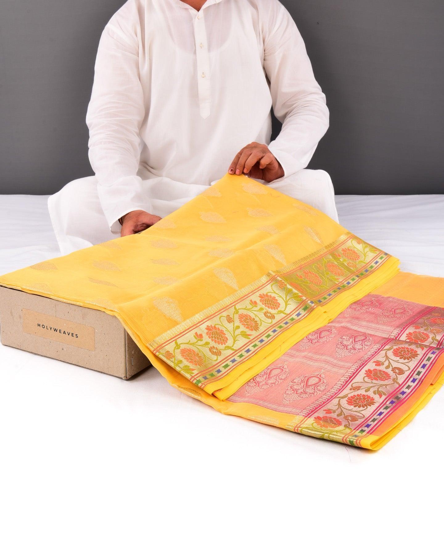 Yellow Banarasi Stripe Texture Weave Zari Buti Cutwork Brocade Woven Art Cotton Silk Saree with Meenekari Border - By HolyWeaves, Benares