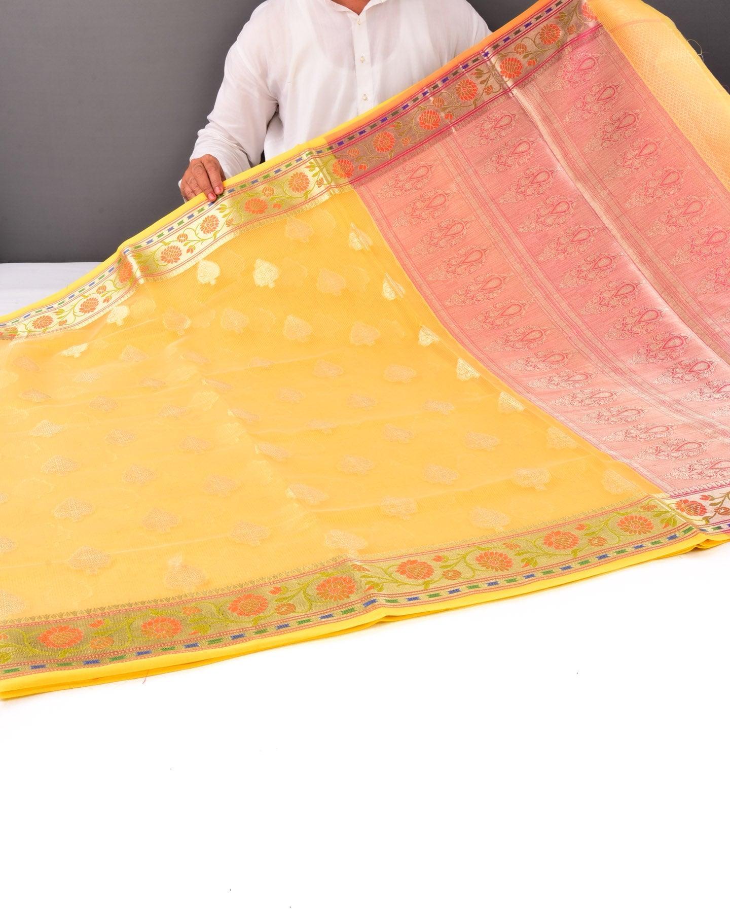Yellow Banarasi Stripe Texture Weave Zari Buti Cutwork Brocade Woven Art Cotton Silk Saree with Meenekari Border - By HolyWeaves, Benares