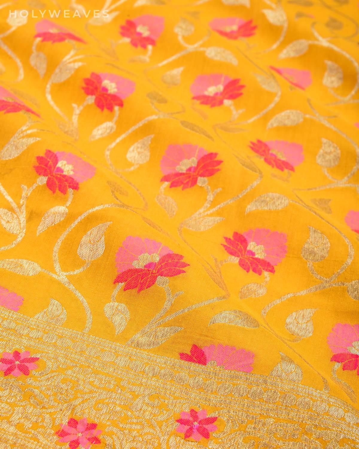 Yellow Banarasi Tehri Cutwork Brocade Handwoven Muga Silk Saree - By HolyWeaves, Benares