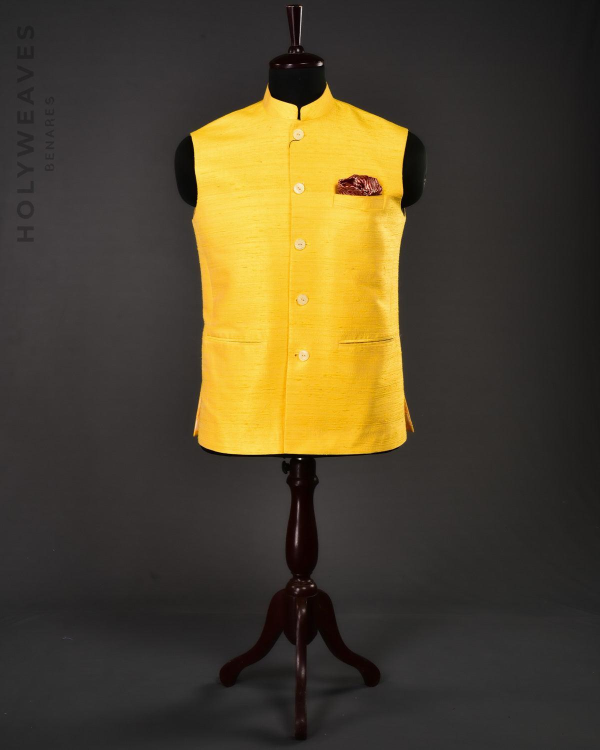 Yellow Banarasi Textured Handwoven Raw Silk Mens Modi Jacket - By HolyWeaves, Benares