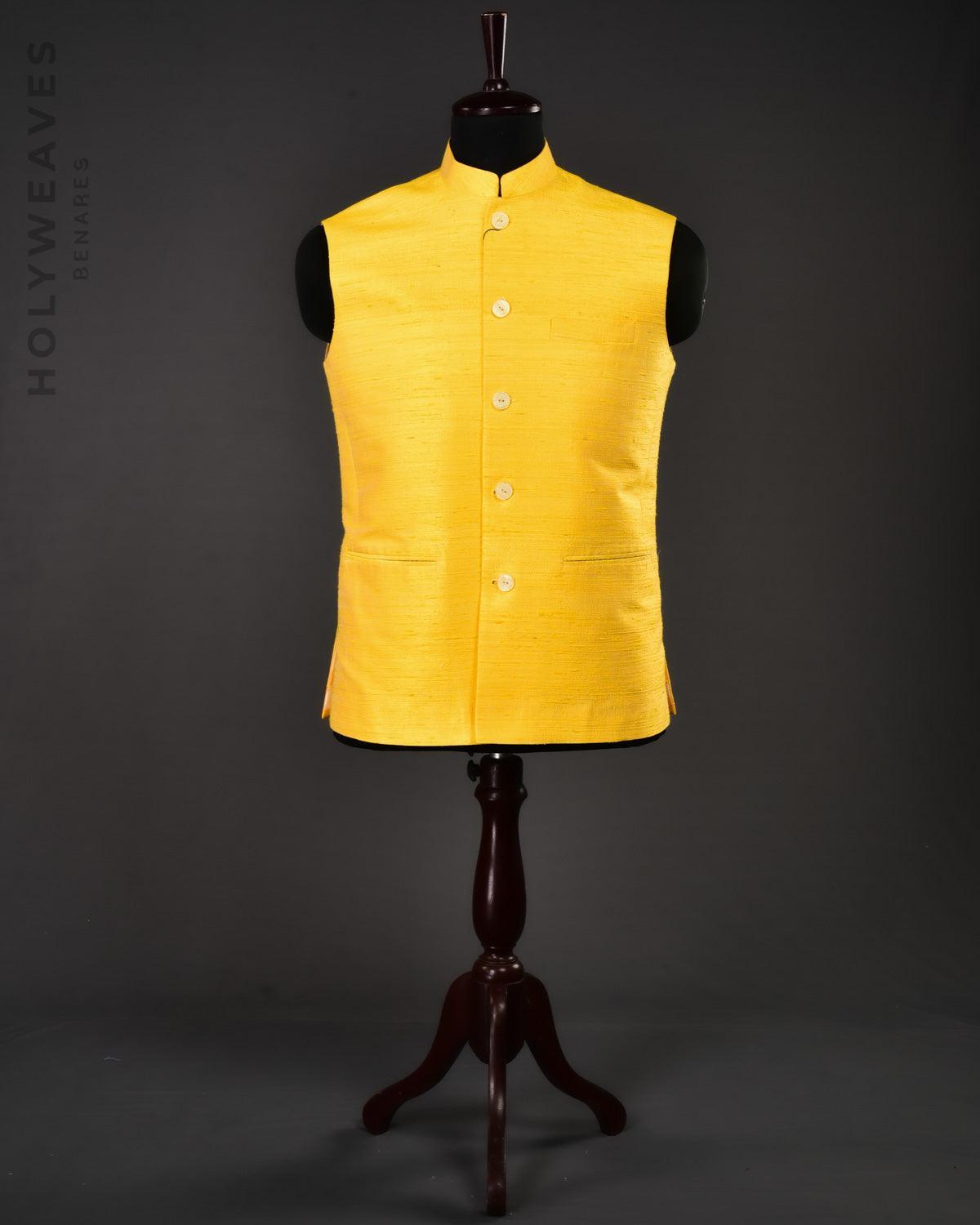 Yellow Banarasi Textured Handwoven Raw Silk Mens Modi Jacket - By HolyWeaves, Benares