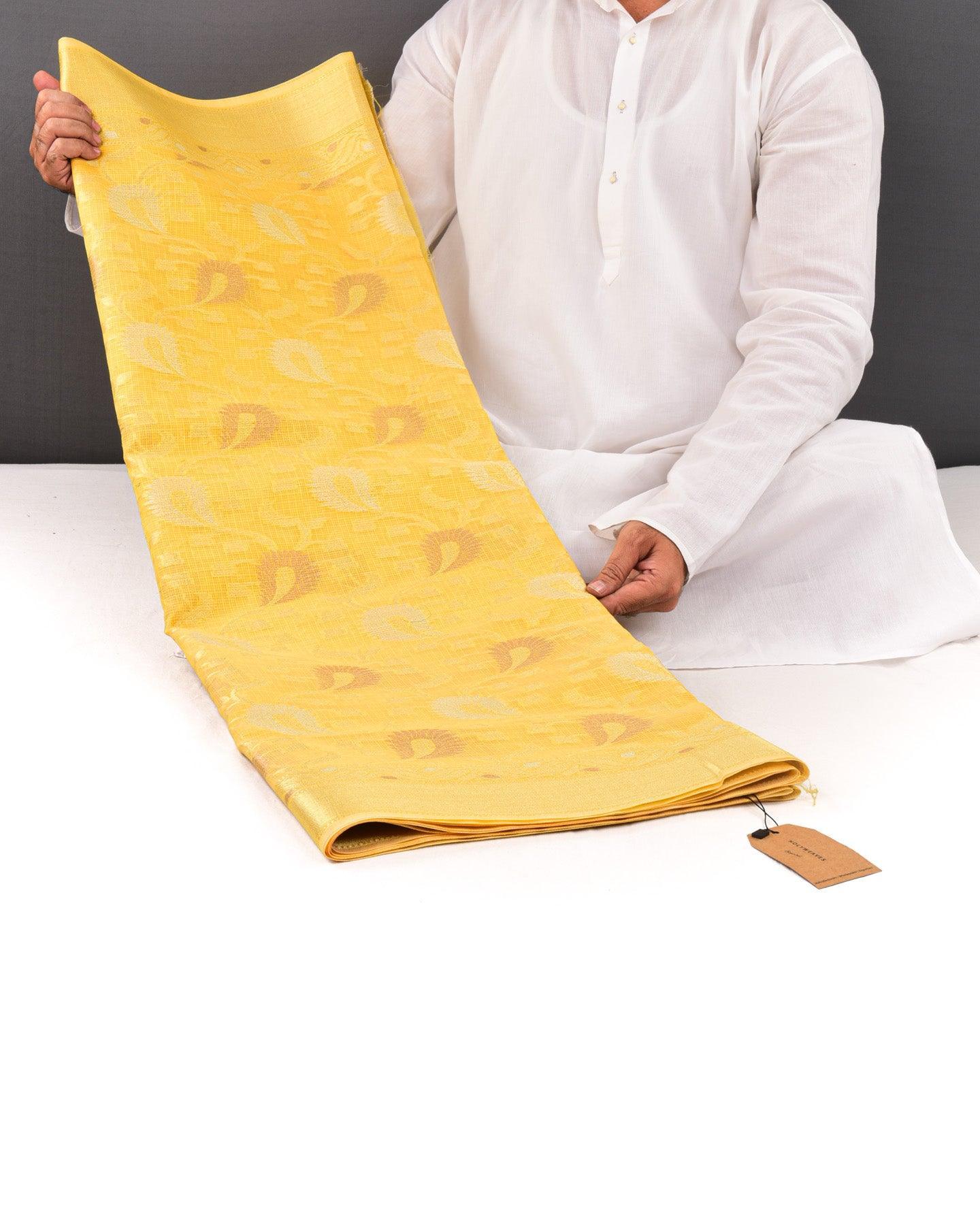 Yellow Banarasi Textured Weave Sona-Rupa Jaal Cutwork Brocade Woven Cotton Silk Saree - By HolyWeaves, Benares