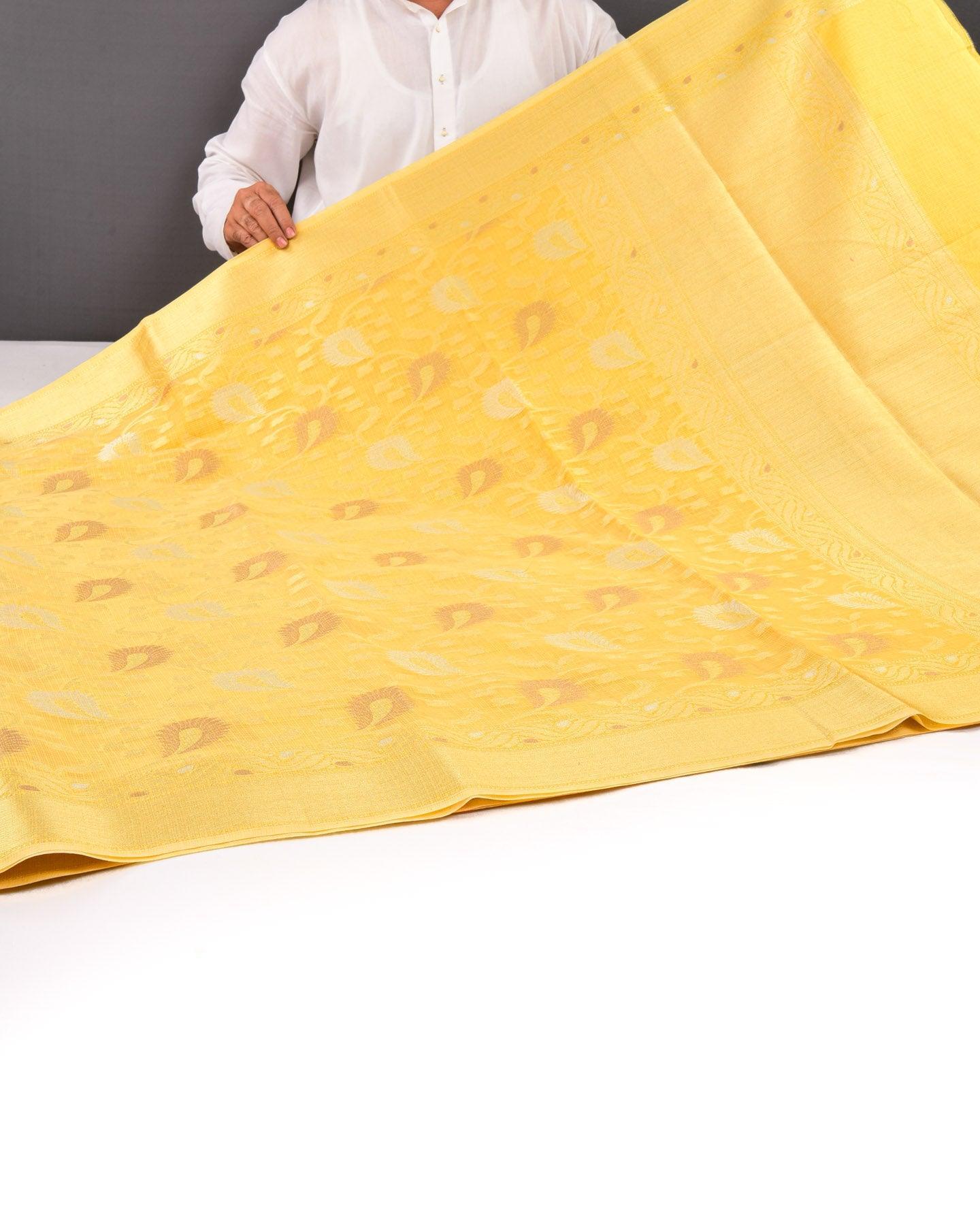 Yellow Banarasi Textured Weave Sona-Rupa Jaal Cutwork Brocade Woven Cotton Silk Saree - By HolyWeaves, Benares