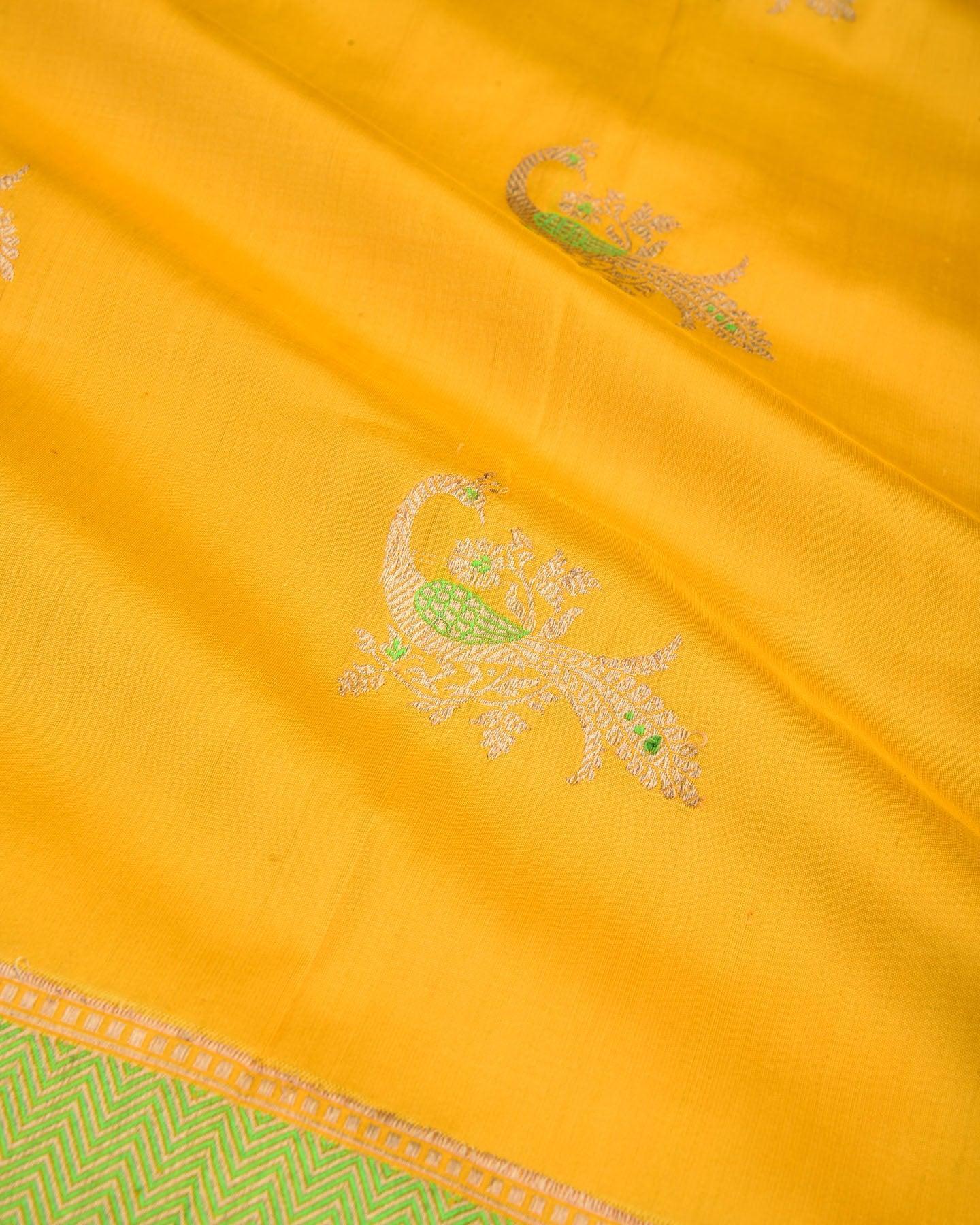 Yellow Banarasi Zari and Green Meena Peacock Kadhuan Brocade Handwoven Katan Silk Dupatta - By HolyWeaves, Benares