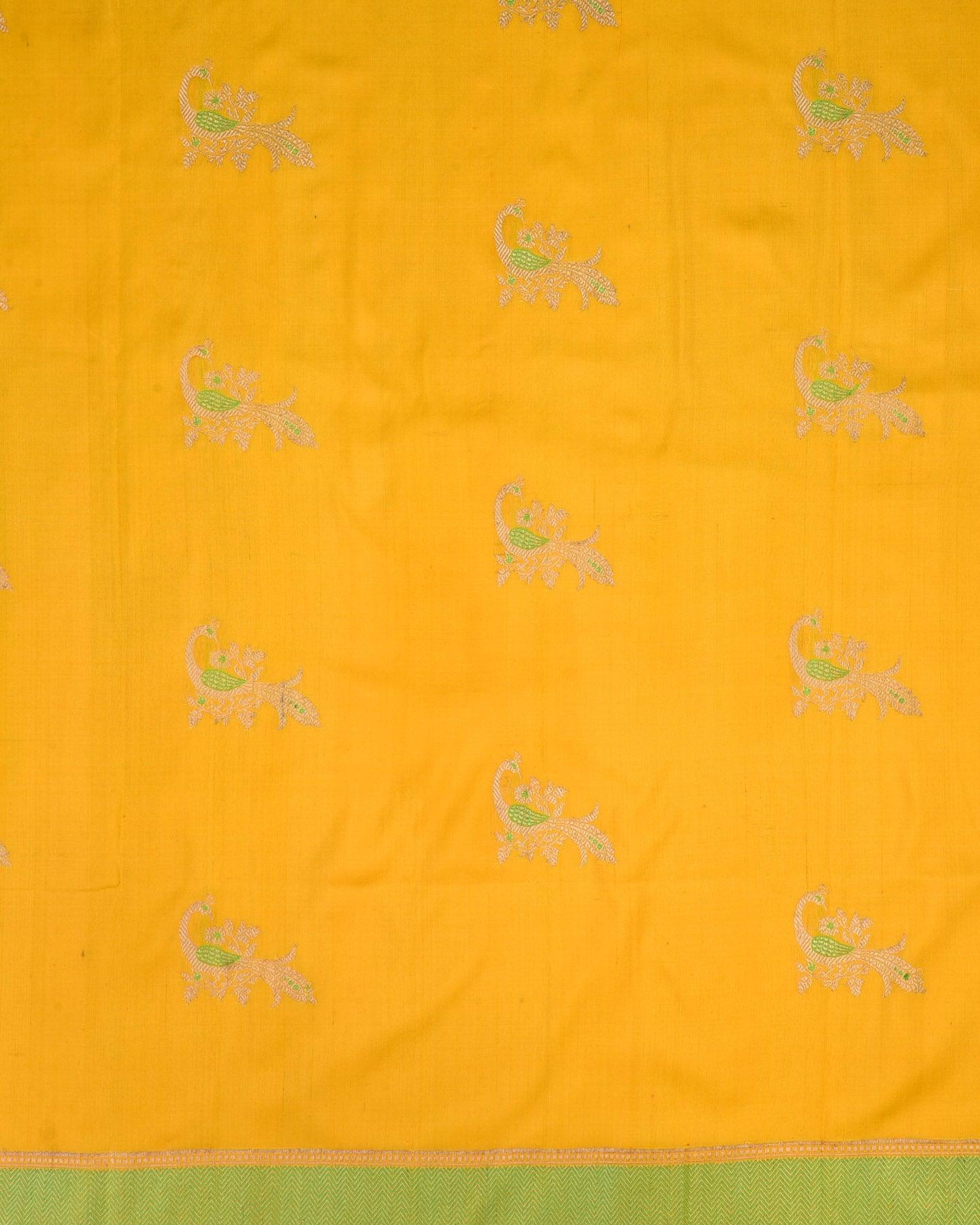 Yellow Banarasi Zari and Green Meena Peacock Kadhuan Brocade Handwoven Katan Silk Dupatta - By HolyWeaves, Benares