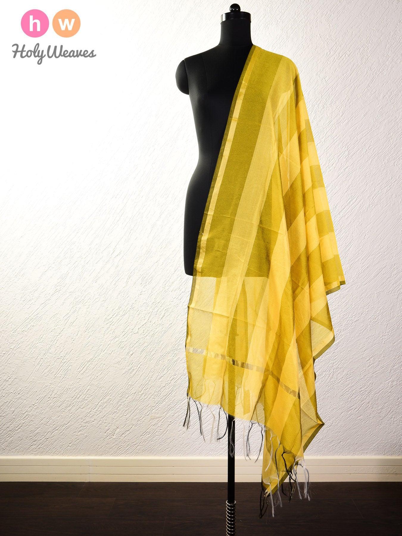 Yellow Cabana Stripes Woven Poly Cotton Silk Dupatta - By HolyWeaves, Benares