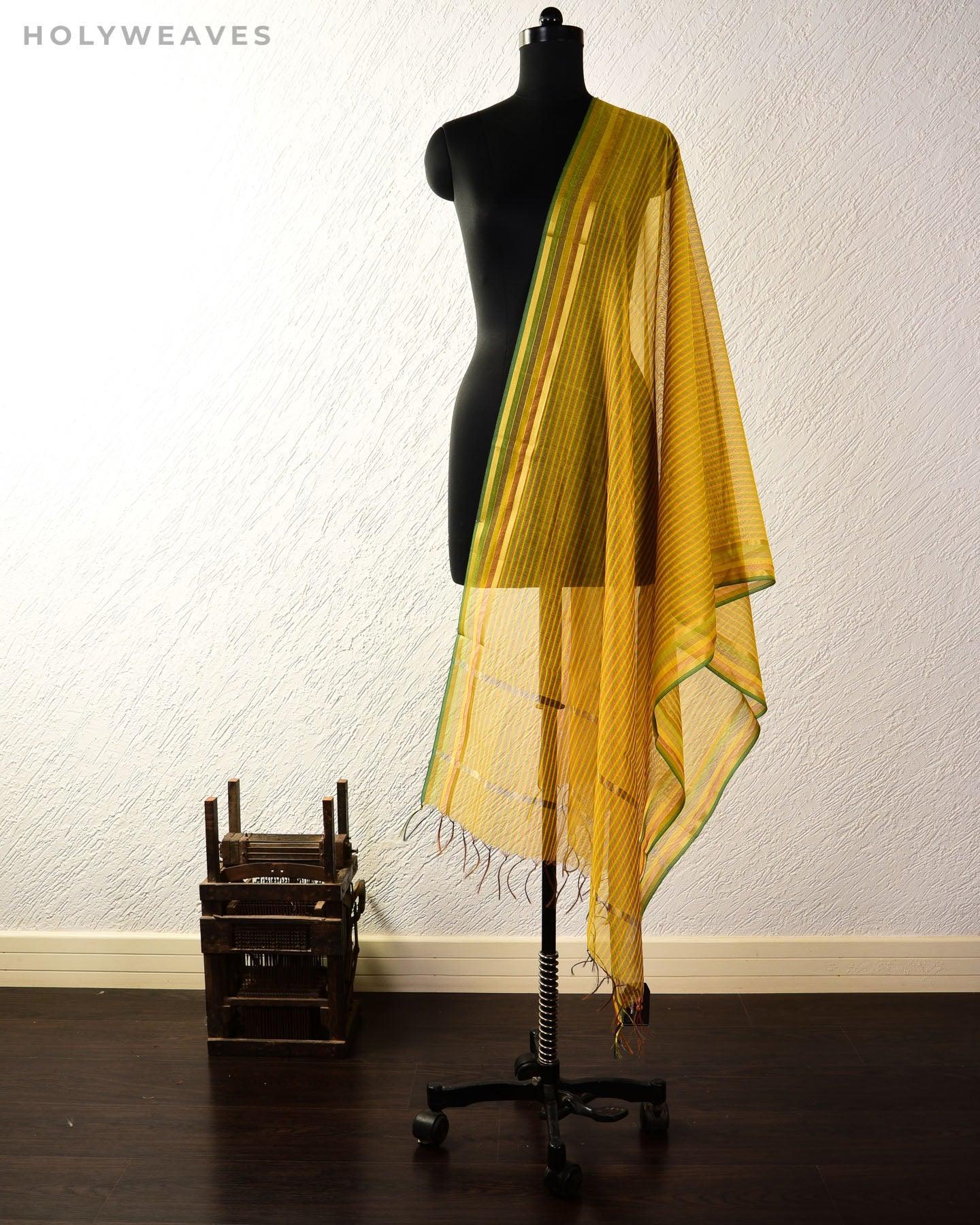 Yellow Candy Stripes Woven Poly Cotton Silk Dupatta - By HolyWeaves, Benares