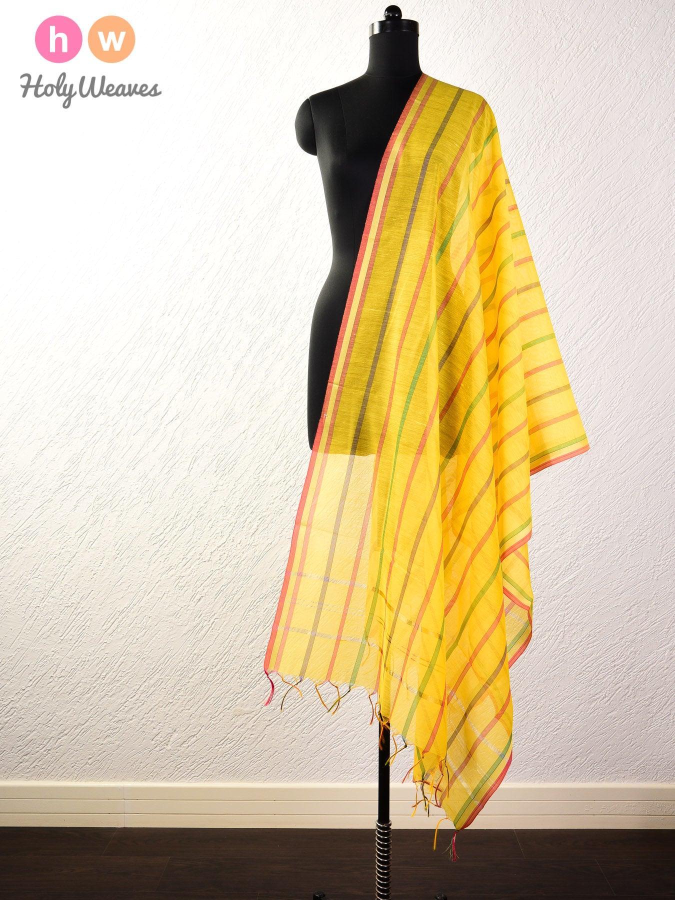 Yellow Colored Stripes Woven Cotton Silk Dupatta - By HolyWeaves, Benares