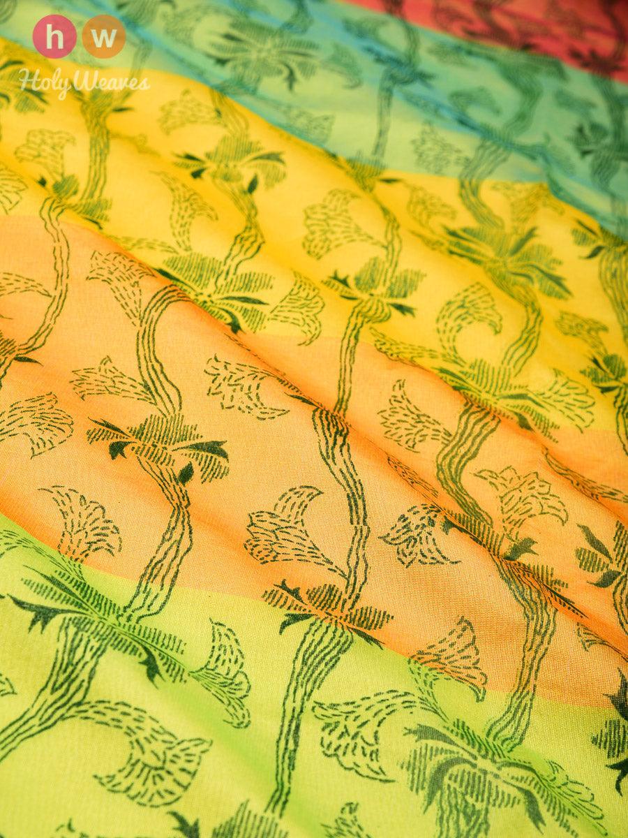 Yellow Floral Printed Cotton Silk Dupatta - By HolyWeaves, Benares