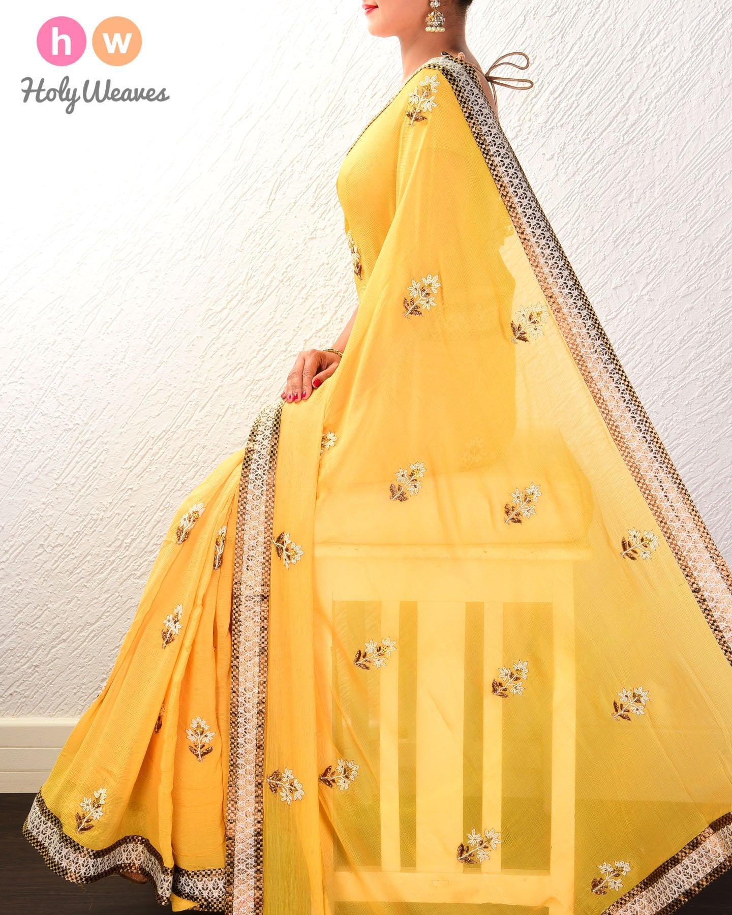 Yellow Hand-embroidered Chiffon Saree - By HolyWeaves, Benares