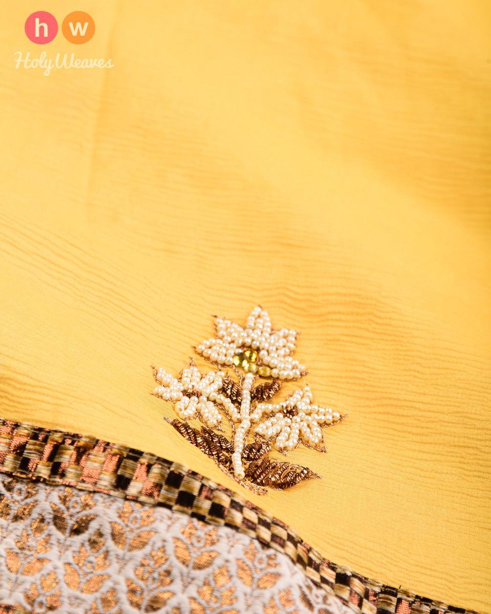 Yellow Hand-embroidered Chiffon Saree - By HolyWeaves, Benares