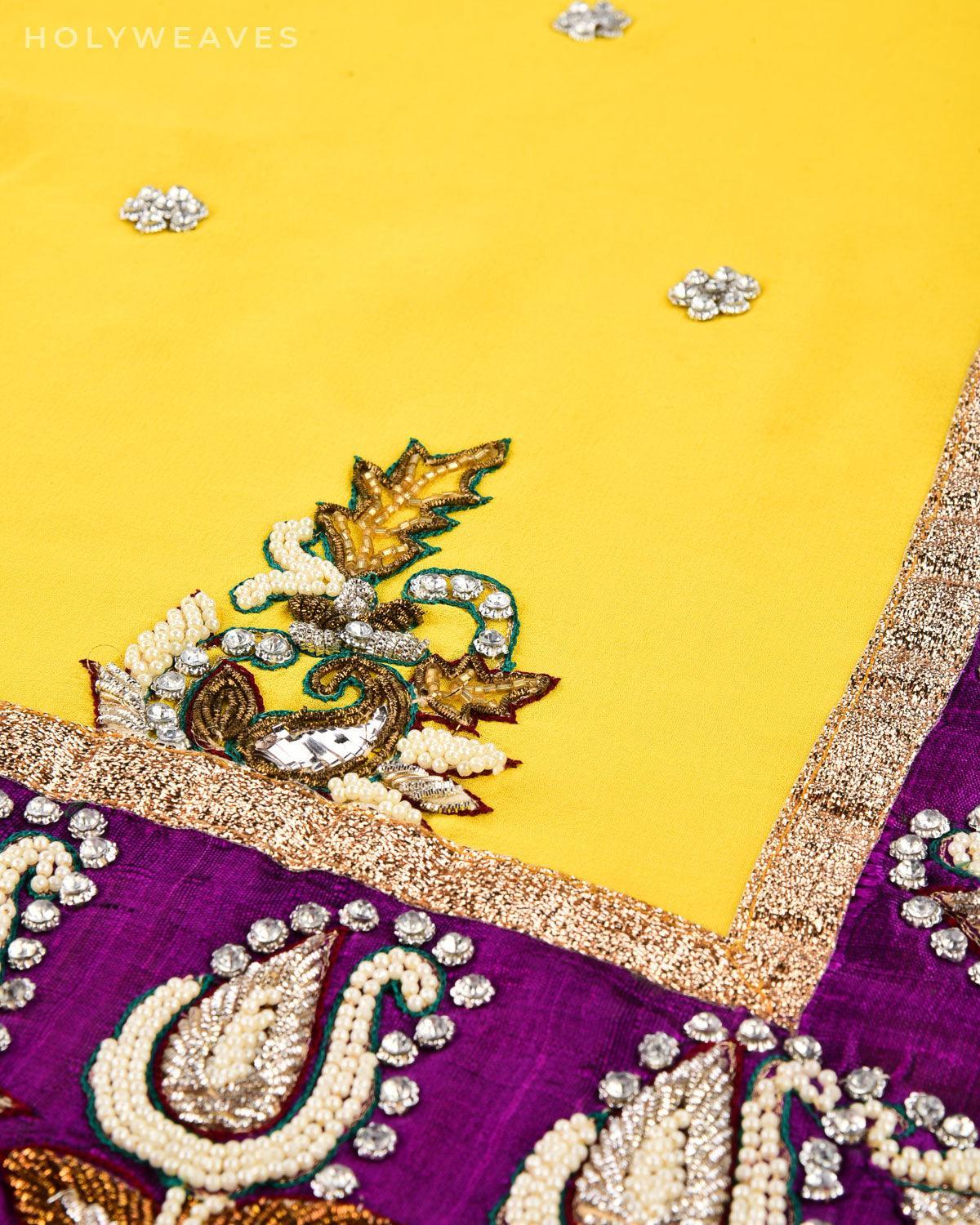 Yellow Hand-embroidered Georgette Saree - By HolyWeaves, Benares