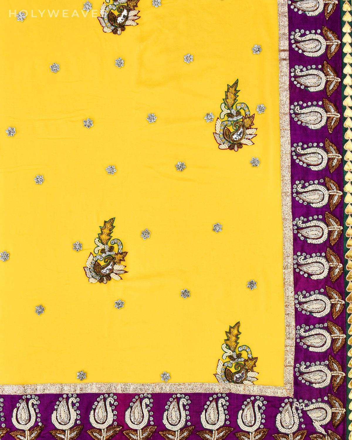 Yellow Hand-embroidered Georgette Saree - By HolyWeaves, Benares