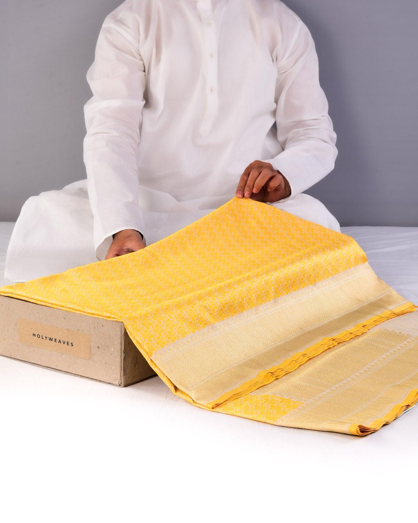 Yellow On Cream Banarasi Tanchoi Brocade Handwoven Katan Silk Saree with Brocade Blouse Piece - By HolyWeaves, Benares