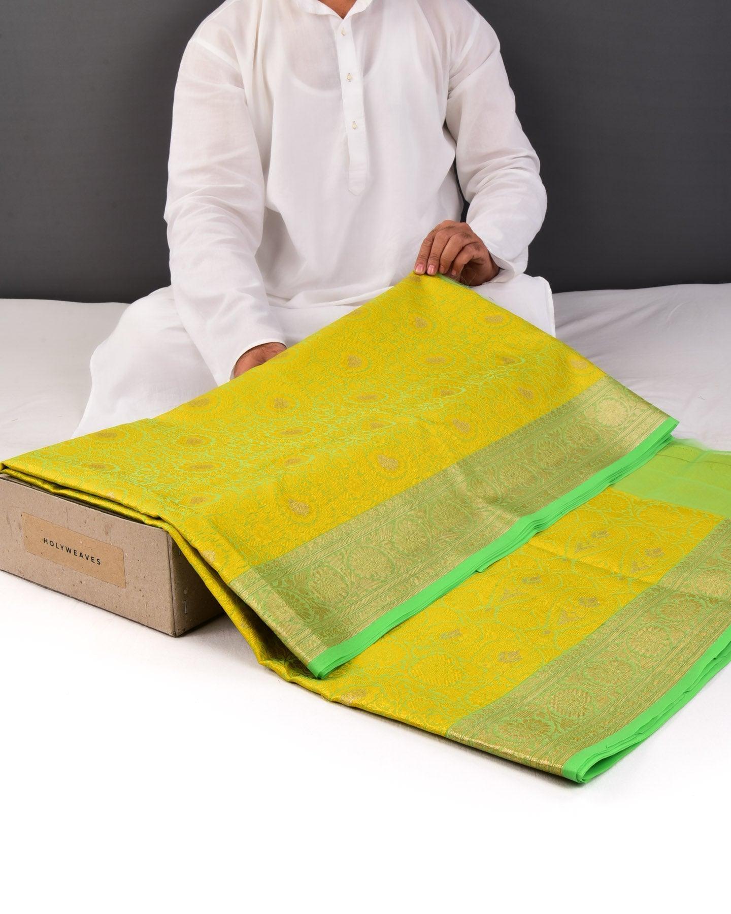 Yellow On Green Floral Jangla Cutwork Brocade Woven Art Cotton Silk Saree - By HolyWeaves, Benares