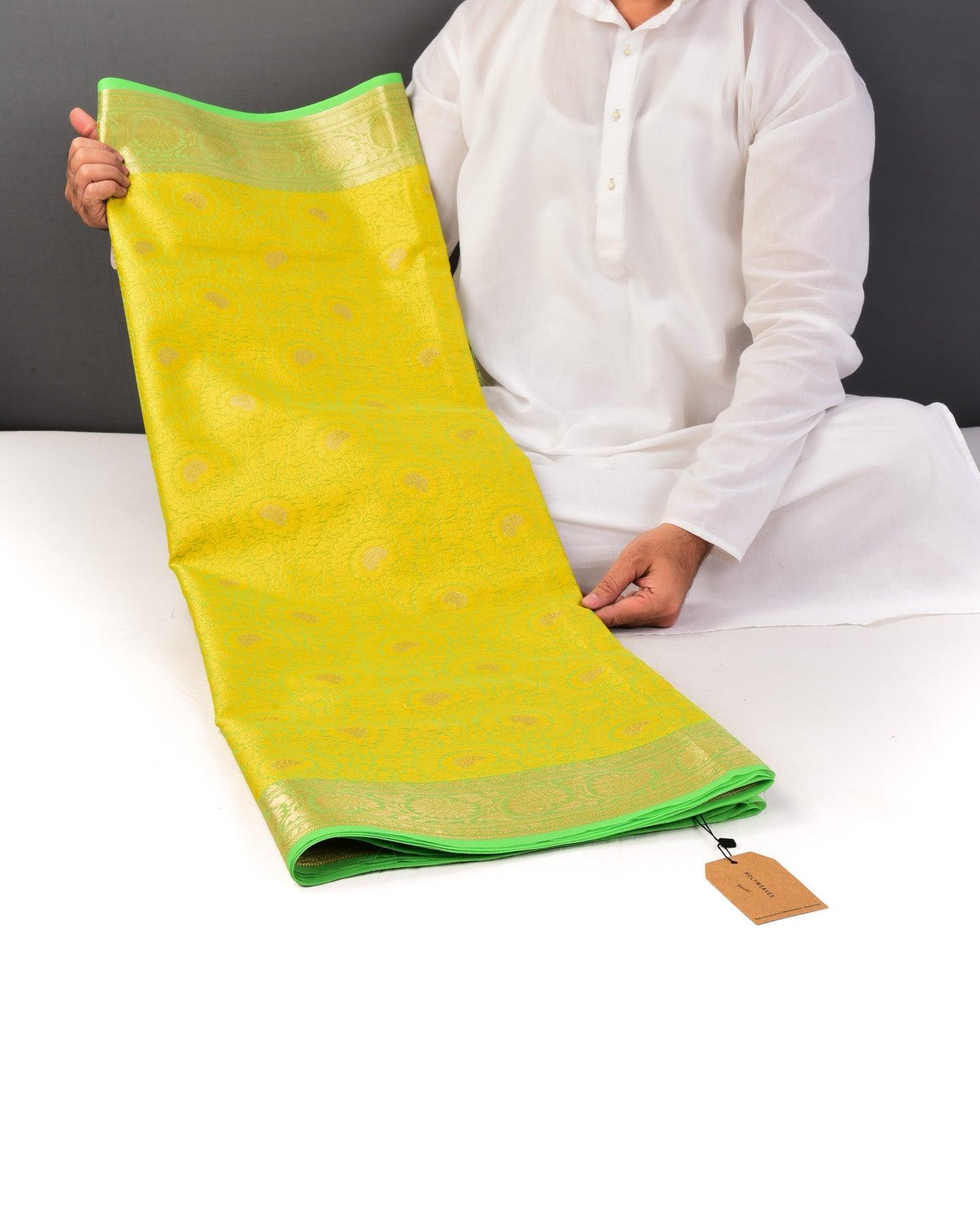 Yellow On Green Floral Jangla Cutwork Brocade Woven Art Cotton Silk Saree - By HolyWeaves, Benares