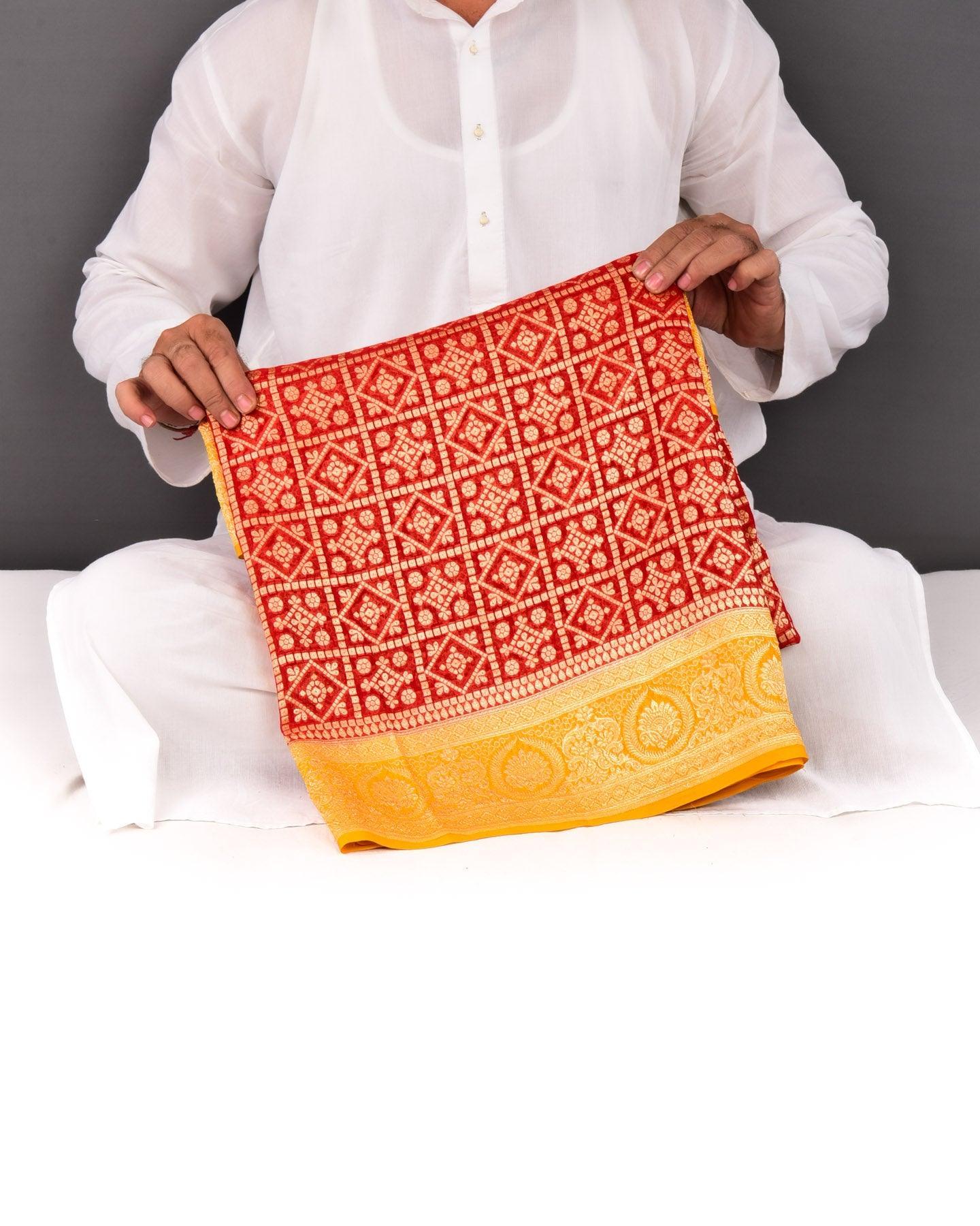 Yellow On Red Banarasi Gharchola Cutwork Brocade Handwoven Khaddi Georgette Saree - By HolyWeaves, Benares