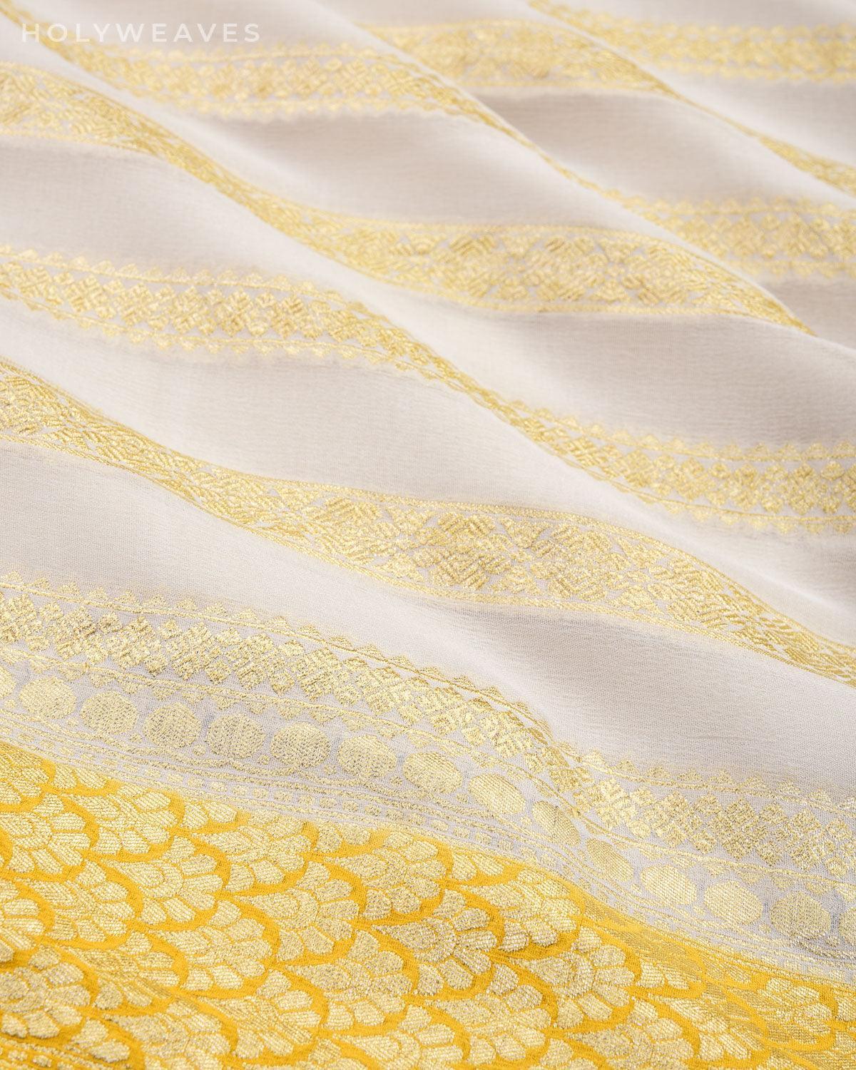 Yellow On White Banarasi Brocade Stripes Cutwork Brocade Handwoven Khaddi Georgette Saree with Contrast Border Pallu Dye - By HolyWeaves, Benares