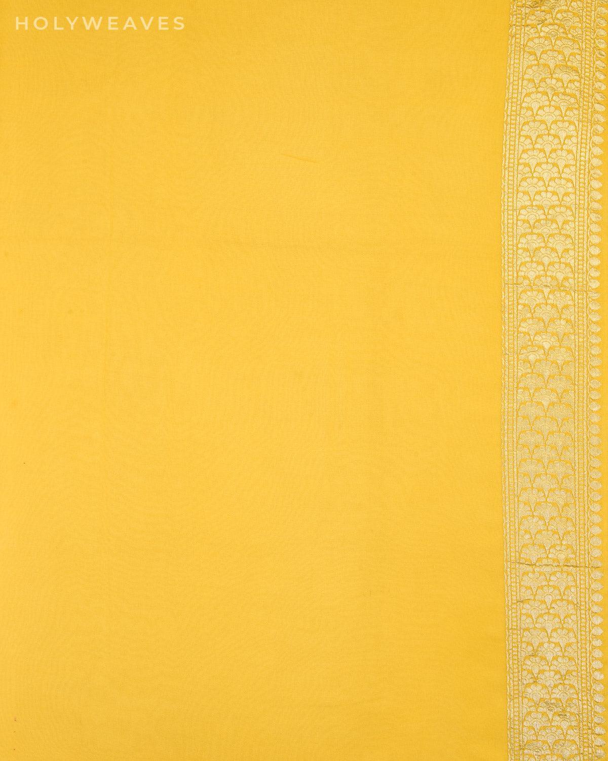 Yellow On White Banarasi Brocade Stripes Cutwork Brocade Handwoven Khaddi Georgette Saree with Contrast Border Pallu Dye - By HolyWeaves, Benares