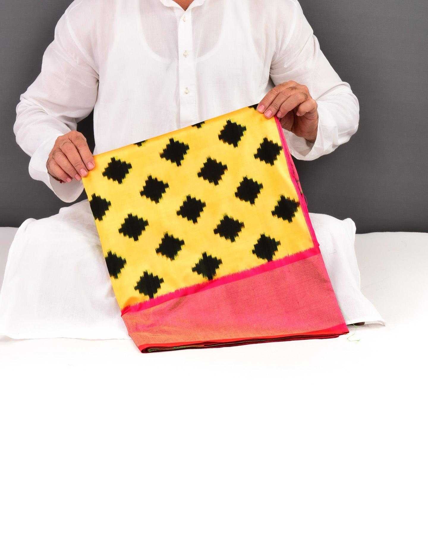 Yellow Pochampally Double Ikat Handwoven Silk Saree - By HolyWeaves, Benares