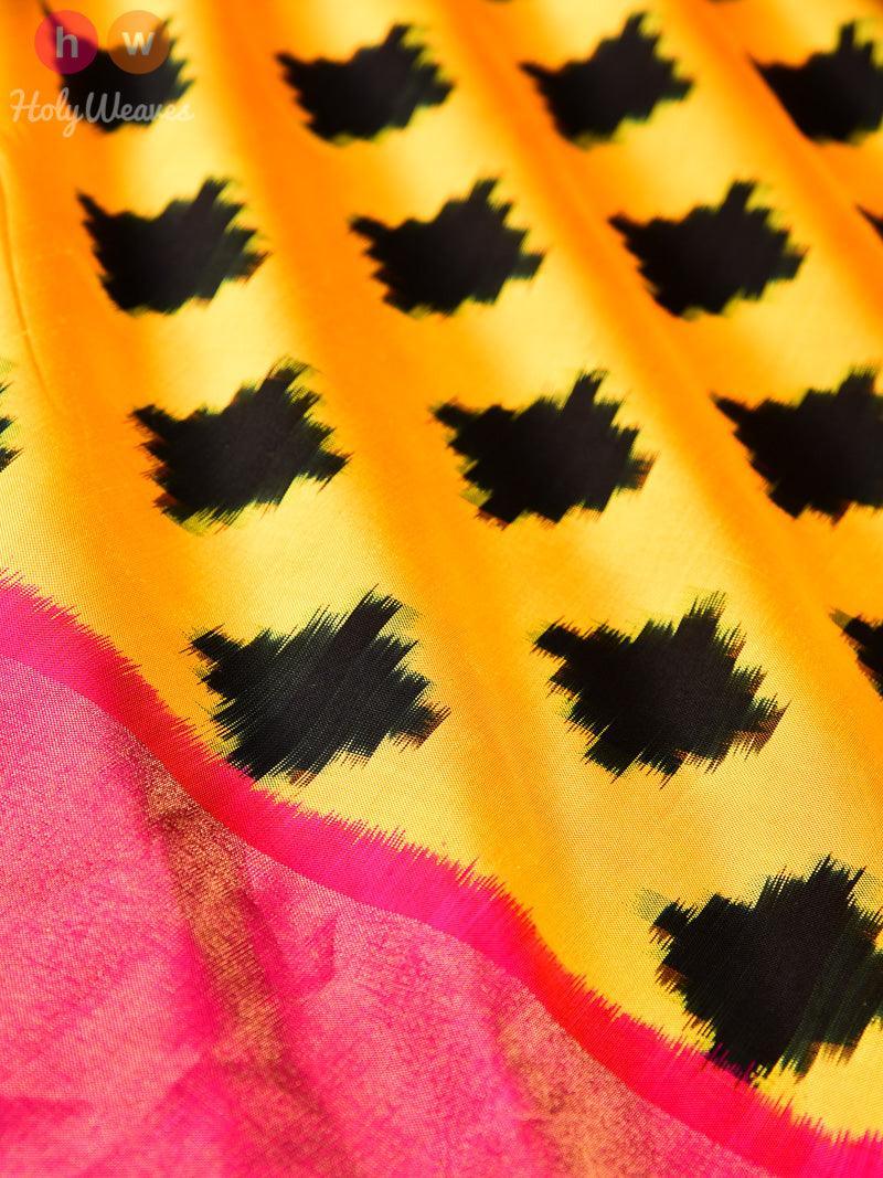 Yellow Pochampally Double Ikat Handwoven Silk Saree - By HolyWeaves, Benares