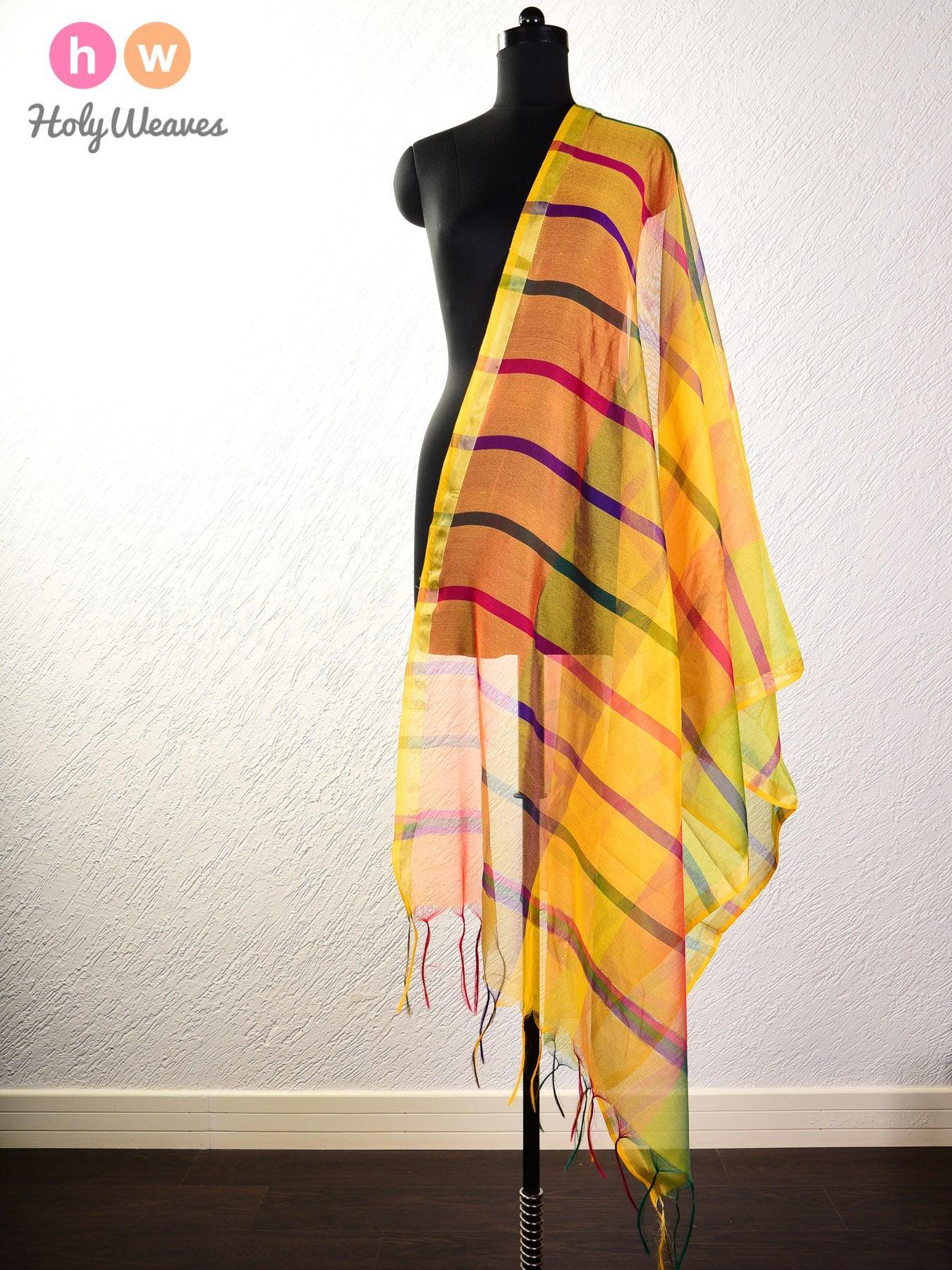 Yellow Woven Poly Cotton Silk Dupatta with Multi-color Stripes - By HolyWeaves, Benares