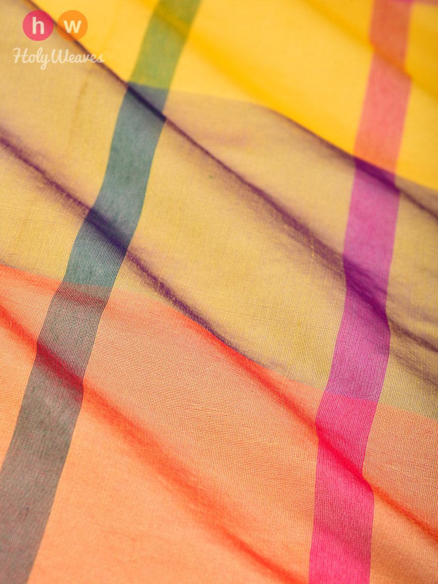 Yellow Woven Poly Cotton Silk Dupatta with Multi-color Stripes - By HolyWeaves, Benares