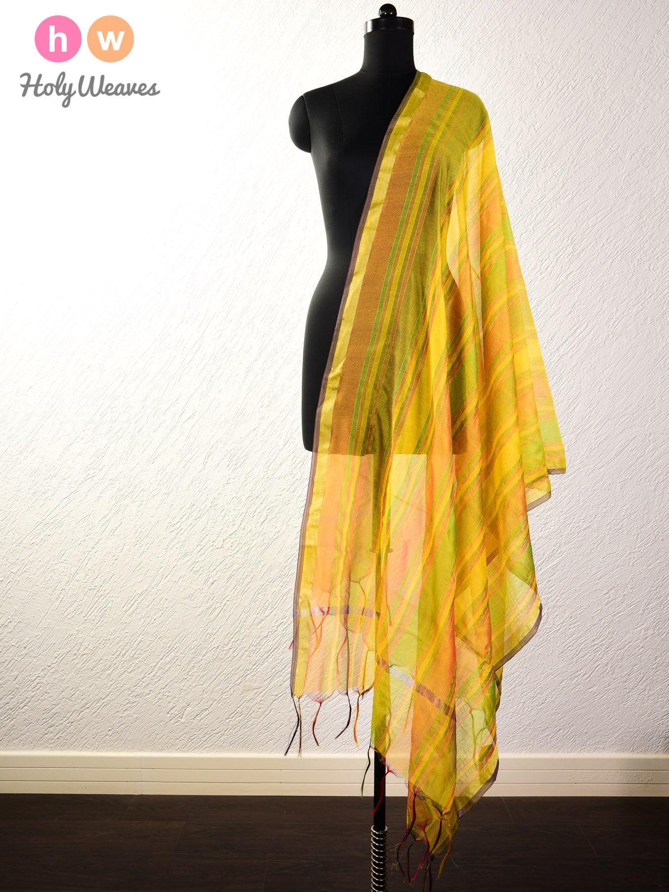Yellow Zari Pin Stripes Woven Poly Cotton Silk Dupatta - By HolyWeaves, Benares